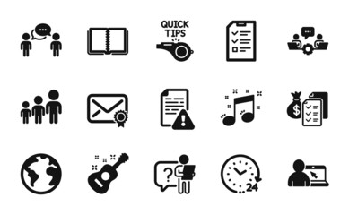 Vector set of Business hierarchy, Search employee and Guitar icons simple set. Book, World planet and Consulting business icons. Verified mail, Interview and Online education signs. Vector