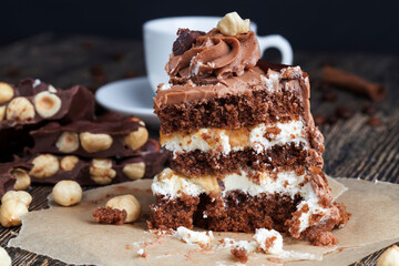 piece of layered cake with nuts and caramel