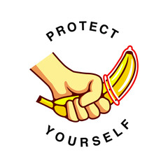 Cartoon Hand Grab A Banana With Condom Vector Illustration - Vector