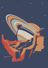 Alien Scenery, Saturn, Extraterrestrial Rocks, Retro Style Space Illustration  © koyash07