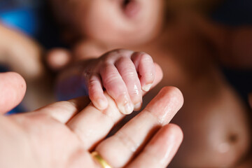 a baby's hand holding a parent's finger, symbolic of love, protection for a newborn
