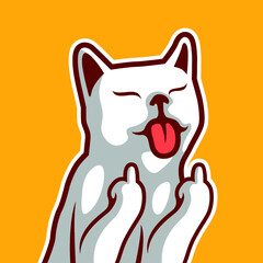 Tongue Out Cute White Cat. Mocking Kitten Make A Middle Finger Symbol - Vector