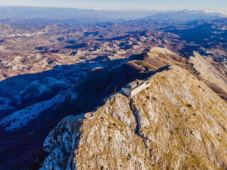 Petar II Petrovic-Njegos mausoleum on the top of mount Lovchen in Montenegro. Aerial view, drone