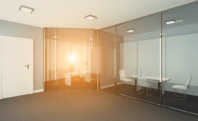 Modern office Cabinet.  3D rendering.   Meeting room. Sunset.. Sunset.