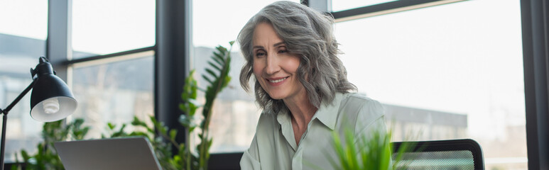 Positive grey haired businesswoman looking at laptop in office, banner.