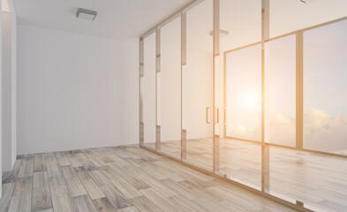 Modern office building interior. 3D rendering.. Sunset.