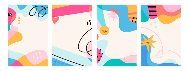 Abstract backgrounds. Various colorful shapes, lines, curves. Set of four isolated Poster templates. Card, background, poster design. Wall art decor. Hand drawn modern Vector illustrations