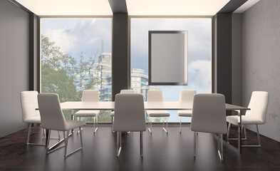 Open space office interior with like conference room. Mockup. 3D rendering.. Blank paintings.  Mockup.