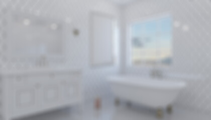 Bokeh blurred phototography. Scandinavian bathroom, classic  vintage interior design. 3D rend