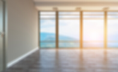 Open space office interior with like conference room. Mockup. 3D. Abstract blur phototography.