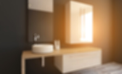 Fototapeta na wymiar Spacious bathroom in gray tones with heated floors, freestanding. Abstract blur phototography.