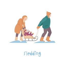 Winter sport and activity. Family playing together. Vector illustration
