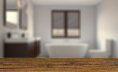 Background with empty table. Flooring. Scandinavian bathroom, classic  vintage interior design. 3D rend
