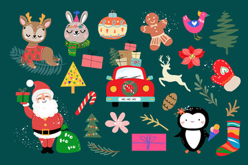 New year set with santa claus, deer, christmas decorations. Vector illustration vintage style. Doodle for children