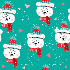 New Year's funny polar bear seamless pattern. Vector illustration of doodle style for kids