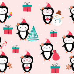 Penguin in a santa claus hat seamless pattern for children. Vector illustration for winter holidays. Doodle style