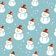 Snowman seamless pattern on a blue background. Vector illustration for the new year