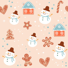 Snowman, Christmas gingerbread cookie seamless pattern. Vector illustration for the new year
