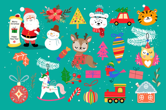 New year set with santa claus, deer, christmas decorations. Vector illustration vintage style