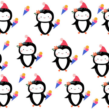 Penguin in a santa claus hat seamless pattern. Vector illustration for winter holidays for children. Doodle style