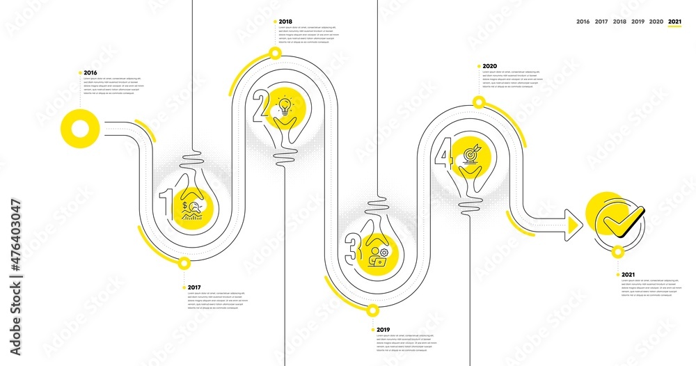 Poster business infographic timeline with 4 steps. lightbulb journey path infographics. workflow process di