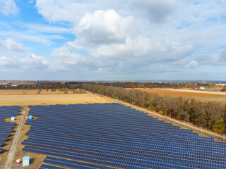 Aerial view of Solar panel, photovoltaic, alternative electricity source - concept of sustainable resources on a sunny day