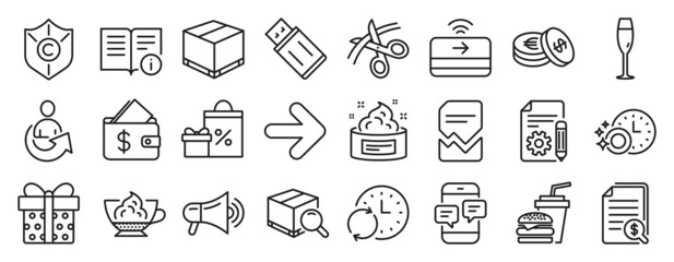 Set of line icons, such as Technical info, Usb flash, Update time icons. Wallet, Next, Megaphone signs. Scissors, Financial documents, Savings. Copyright protection, Share, Skin cream. Vector