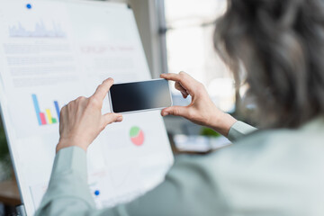 Cropped view of blurred businesswoman taking photo on smartphone near flip chart in office.