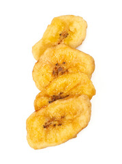 Banana chips isolated on white background. Healthy alternative snack.