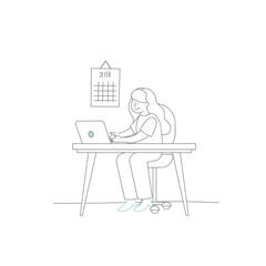 Work at home concept design. Freelance woman working on laptop at her house, dressed in home clothes. Line drawing illustrationon white background. Online study, education.