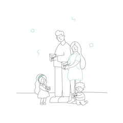 family eating birthday cake, happy people eat together, mom and dad treat children. Line drawing illustration. Cute minimal art.