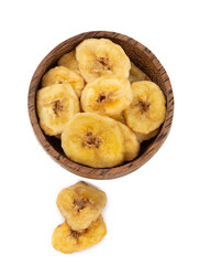 Banana chips isolated on white background. Healthy alternative snack.