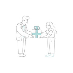 Man give a present to a woman for her Birthday. Minimal cute line drawing illustration.