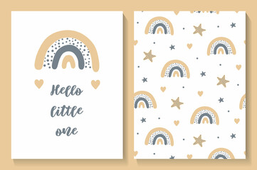 Set of card and seamless pattern with cute heart and rainbows. Baby shower.