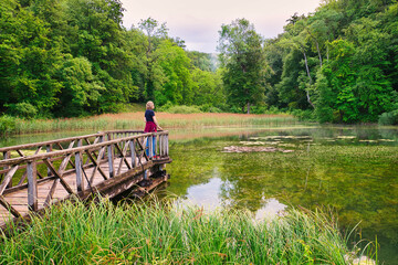 One of the ponds of the Ermitage Arlesheim, Basel-Country, Switzerland. A woman is standing on the jetty, looking to the water.