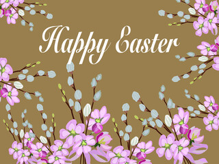 Happy Easter greeting card. Branches of blossoming fluffy willow, willow. Vintage brown muted tone, copy space. Place for your text.