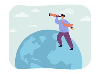 Businessman looking for global opportunity through telescope. Man standing on globe flat vector illustration. Expertise, vision, development concept for banner, website design or landing web page
