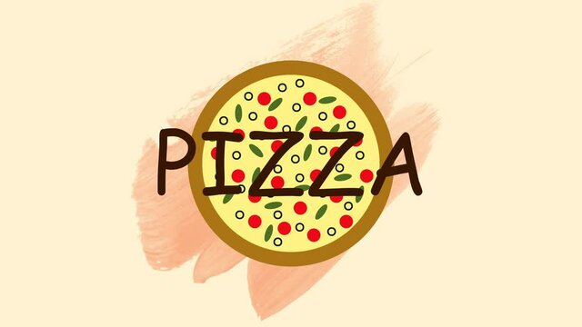 Stylized, animated image of pizza with a tear-off slice on a light background