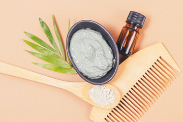 Homemade cosmetic hair mask made of clay with essential oil
