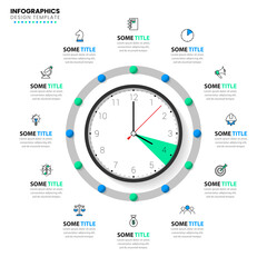 Infographic template with icons and 12 options or steps. Clock