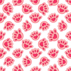 seamless pattern with pink cat paw with heart on a white background