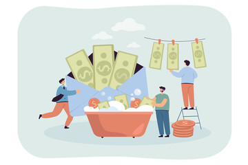 Tiny business persons doing money laundering for benefit. Criminal activity in government, bribe in envelope, fraud flat vector illustration. Corruption, finances concept for banner, landing web page