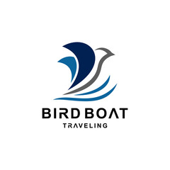 Boat combination with birds with flat minimalist style in white background, vector template logo design editable