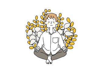 瞑想し自然の力を感じる男性　マインドフルネスのコンセプトアート　ゆるい線画の人物イラスト