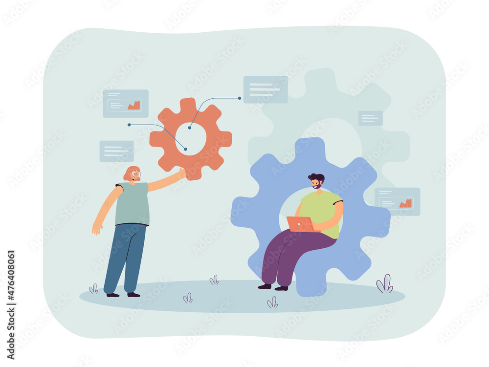 Poster tiny team of developers studying business workflow. persons working together on progress with gears 