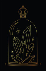 Golden vector lineart sketch quartz crystals in a glass dome