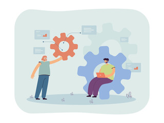 Tiny team of developers studying business workflow. Persons working together on progress with gears flat vector illustration. Organization concept for banner, website design or landing web page
