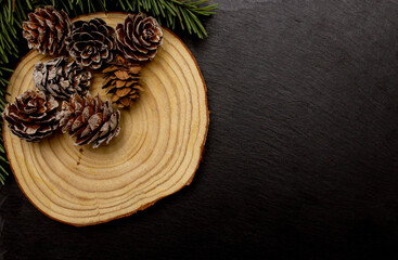 Christmas tree branches, cones and piece of wood on the black stone plate as background. Holiday concept. Flat lay