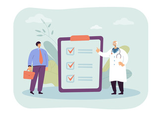 Obraz na płótnie Canvas Annual regular medical examination of businessman by doctor. Tiny people standing with checklist flat vector illustration. Insurance, prevention concept for banner, website design or landing web page