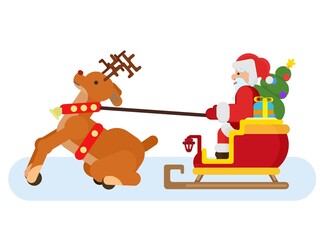 santa claus on a sleigh with a reindeer rides in